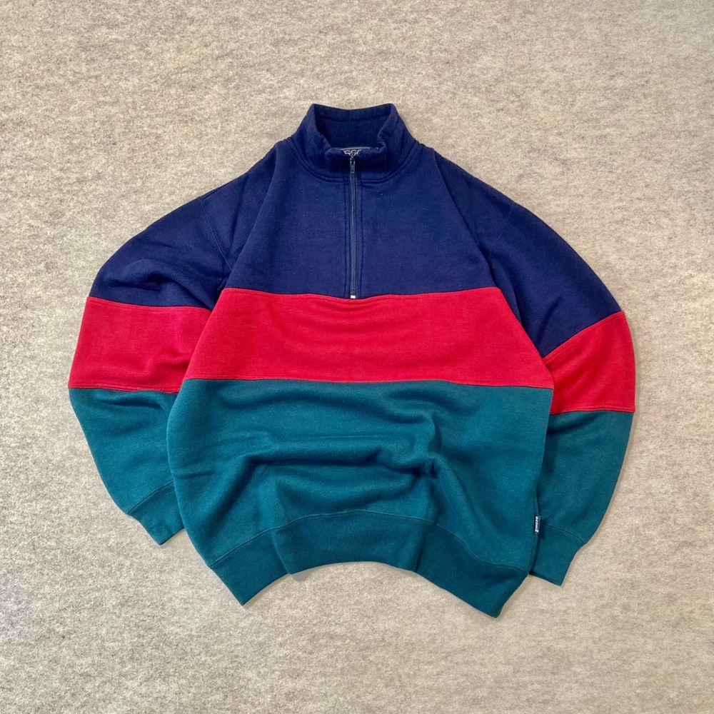 Vintage 90s Sasson Colorblock Quarter Zip Sweatshirt L Retro Navy Red Preppy